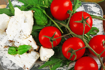 Ingredients of Mediterranean cuisine, on wooden board background