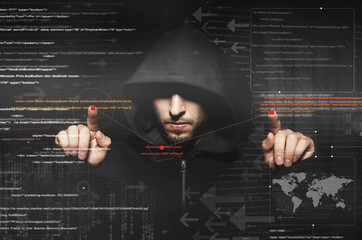 hacker at work with graphic user interface around