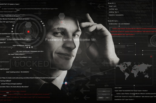 hacker silhouette with graphic user interface around