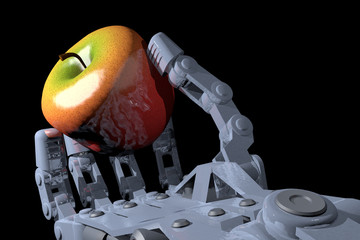 Industrial robot hand holding apple, high-quality 3D image. Robot hand is fictitious, created and modeled entirely by myself.