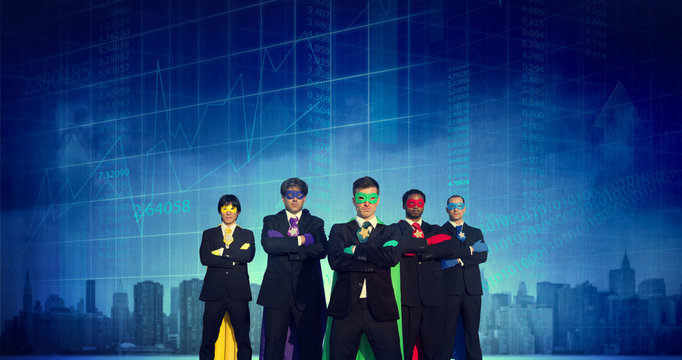 Superhero Business People Strength Cityscape Stock Exchange Conc