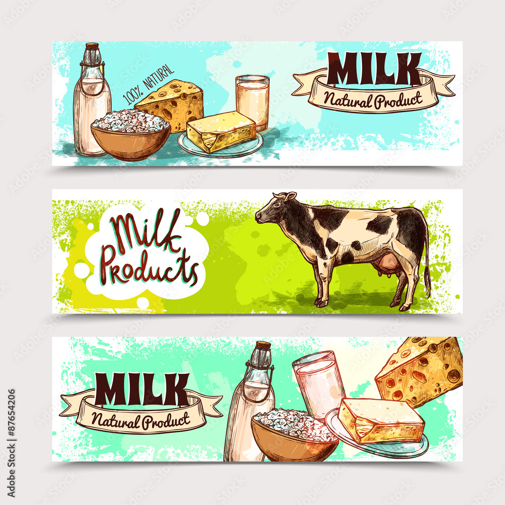 Wall mural milk products banner set