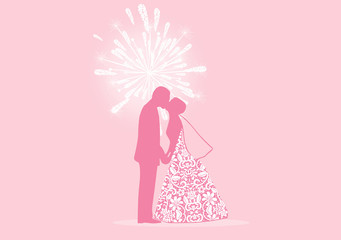 Vector illustration of bride and kissing with fireworks in backg
