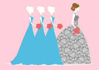 Vector illustration of a bride and three bridesmaids