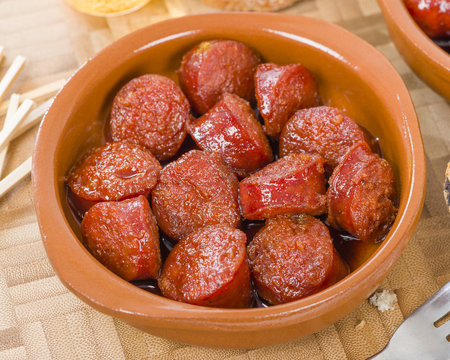 Chorizo a la Sidra - Spanish spicy chorizo sausages cooked in cider.

