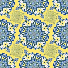 Papier Peint photo Lavable Tuiles marocaines Parttern sans couture de couleur de tuile de dessin à la main. Style de majolique italienne