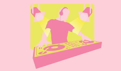 Silhouette of a DJ with headphones mixing at turntable