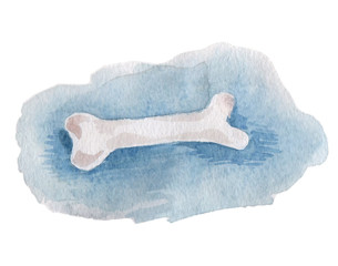 Hand Drawn watercolor dog food - white bone on a blue background