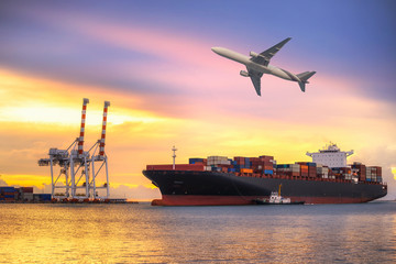 Ship for container with working crane bridge in shipyard for Logistic Import Export background