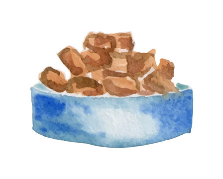 Watercolor vector illustration of dog food on a white background