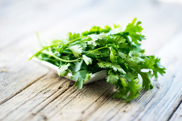 fresh parsley on wooden table