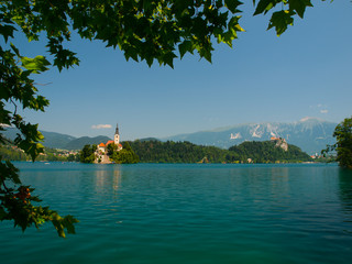 Bled lake with island church and castle