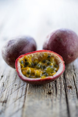 fresh ripe passion fruit on a wooden background