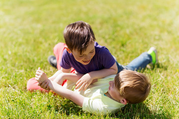 happy little boys fighting for fun on grass