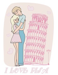 love couple hugging in front of Pisa leaning tower, Italy