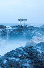 Japanese shrine gate and sea at Oarai city , Ibaraki