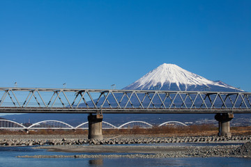 Mountain Fuji and railway in winter season from Shizuoka prefecture