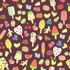 doodle ice cream, fruits, berry, sweets pattern