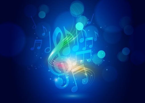Abstract Music Notes and Bokeh Lights Blue Background