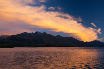 Mountain Lake, Twilight, Dramatic Orange Clouds - New Zealand, Otago, Lake Wakatipu