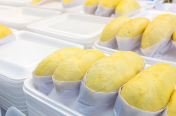 Thailand street food fresh durian in package for ready to eat.