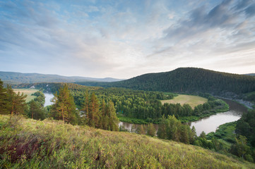 Panoramic view of river Belaya, Baskortostan, Urals, Russia