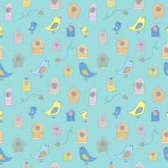 Cute bird houses and birds in a repeating, seamless pattern
