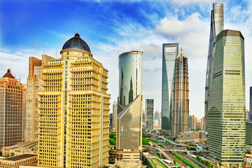 Naklejka premium Skyscrapers, city building of Pudong, Shanghai, China.