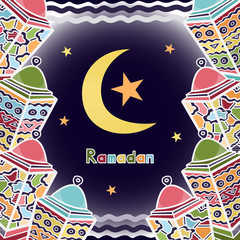 Vector colorful ramadan greeting card design with lanterns and moon.