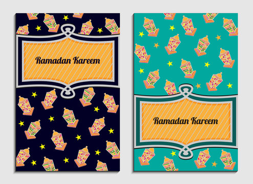 Vector colorful Ramadan Kareem greeting card design with lanterns.