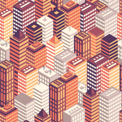 Colorful flat isometric city seamless pattern. 