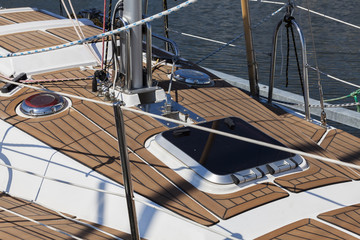 The wooden deck of the yacht