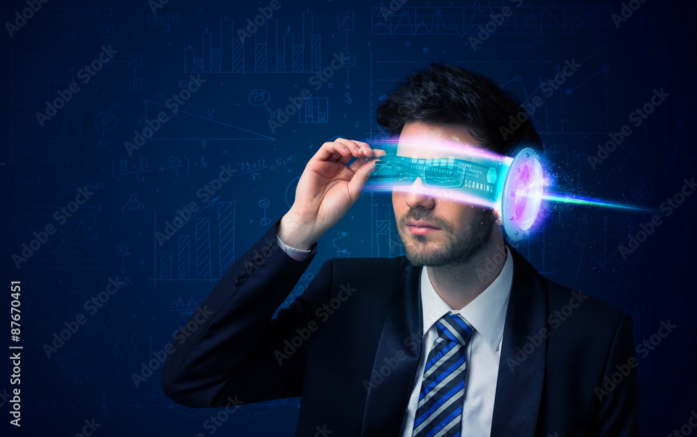 Poster man from future with high tech smartphone glasses
