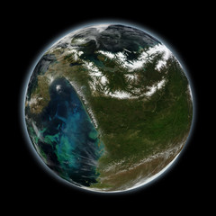 Imaginary planet Earth with atmosphere, clouds and continents showing - Elements of this Image Furnished By NASA