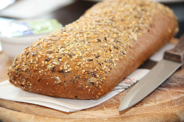 Fresh whole grain bread cut in half