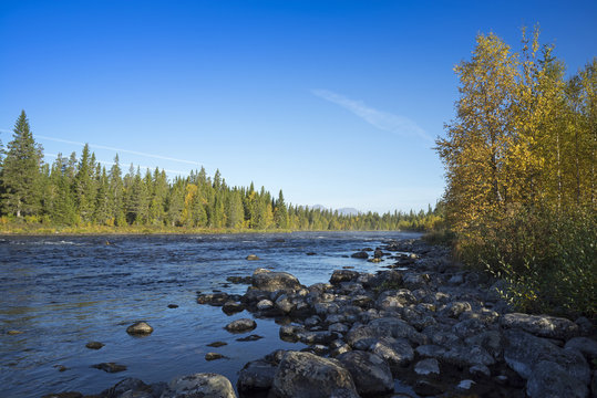 Morgenstimmung am Fluss Femundselva, Norwegen