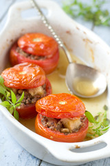 Stuffed tomatoes with meat, crackers and nuts