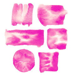 Romantic pink watercolor painted backgrounds. Set of watercolor texture pink blots for your design. Hand drawn pink isolated watercolors square, rectangle on white background.