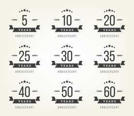 Vector set of anniversary signs, symbols. 5,10, 20, 25, 30, 35, 40, 50,60 years jubilee design elements collection. 5th,10th, 20th, 25th, 30th, 35th, 40th, 50th,60th anniversary logos.