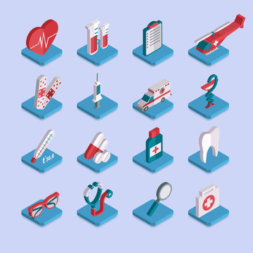 Set of flat isometric 3d medical healthcare icons.
