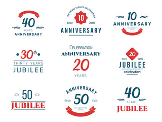 Vector set of anniversary signs, symbols. 10, 20, 30, 40, 50 years jubilee design elements collection.