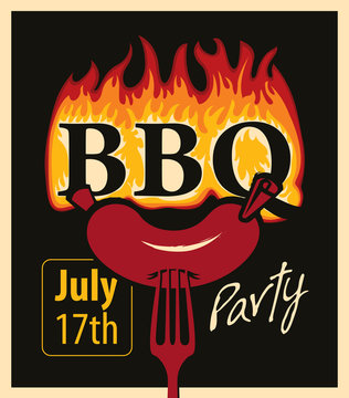 Retro banner with sausage on a fork and an inscription in the fire BBQ
