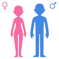 Stylized cartoon man and woman contours with corresponding gender symbols. Male silhouette colored blue and female pink.