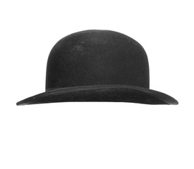 Black bowler hat isolated on white background.