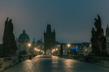 Charles Bridge in Prague, Czech Republic, at night lighting