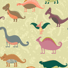 Seamless pattern with set funny dinosaurs in cartoon. Can be used for wallpapers, pattern fills, web page backgrounds,surface textures. - stock vector collection in retro colors