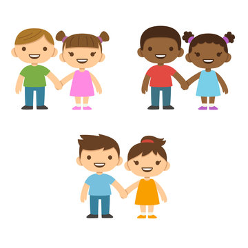 Three pairs of cute cartoon children smiling and holding hands: older boys and smaller girls. Caucasian and African American.