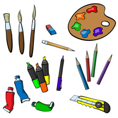 Set of varied items for drawing - pencils, eraser, stationery knife, markers, brushes, paints and palette. Shown on a white background. Vector graphics.

