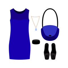 Set of trendy women's clothes with blue dress and accessories