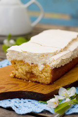 Delicious homemade cake with meringue and tea